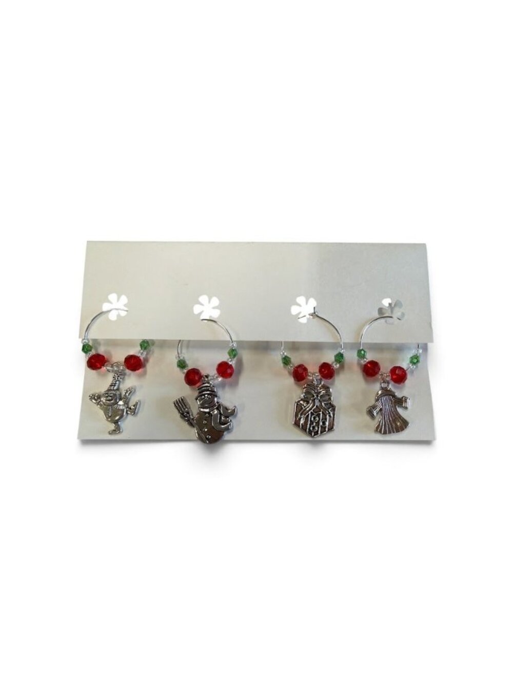 Christmas-Themed Wine Glass Charms Set Of 4 Metal Charms With Red & Green Beads